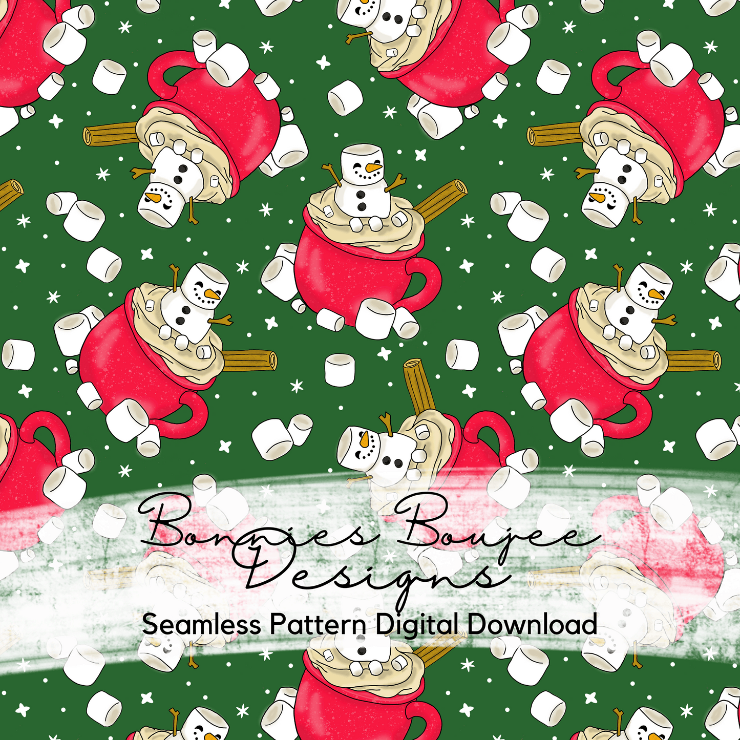 Snowman Hot Cocoa in a Red Mug Hand Drawn Seamless File