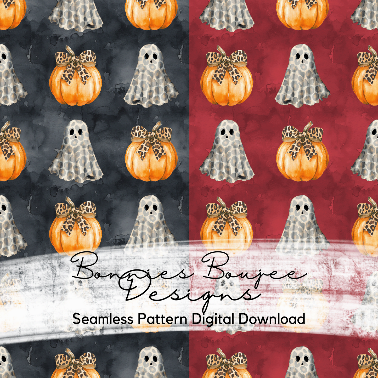 Ghosts and Pumpkins wearing Leopard Coquette Bows Seamless File - Two Colorways