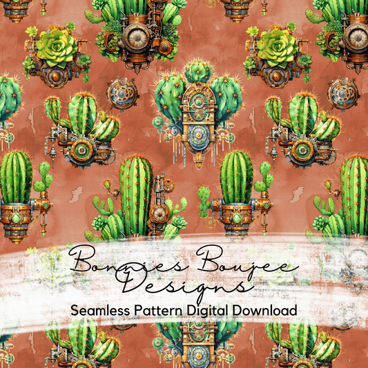 Steampunk Cactus Watercolor on a Clay Colored Background Seamless File