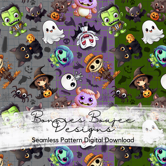 Halloween Monster Icons Seamless File in Three Colorways