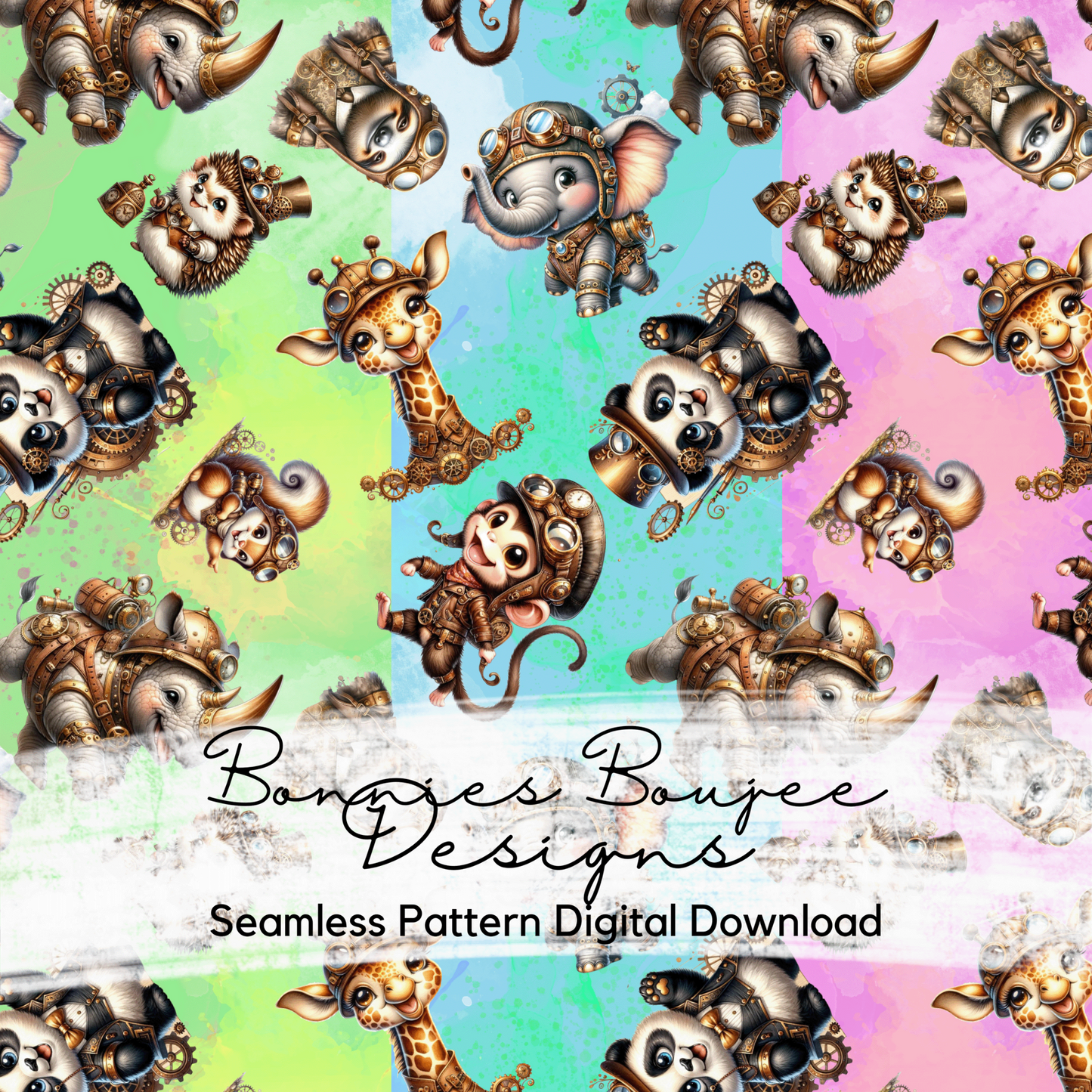 Steampunk Baby Animals Seamless File with three Colorways