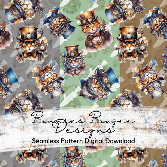 Steampunk Cats Watercolor Seamless File with three Colorways