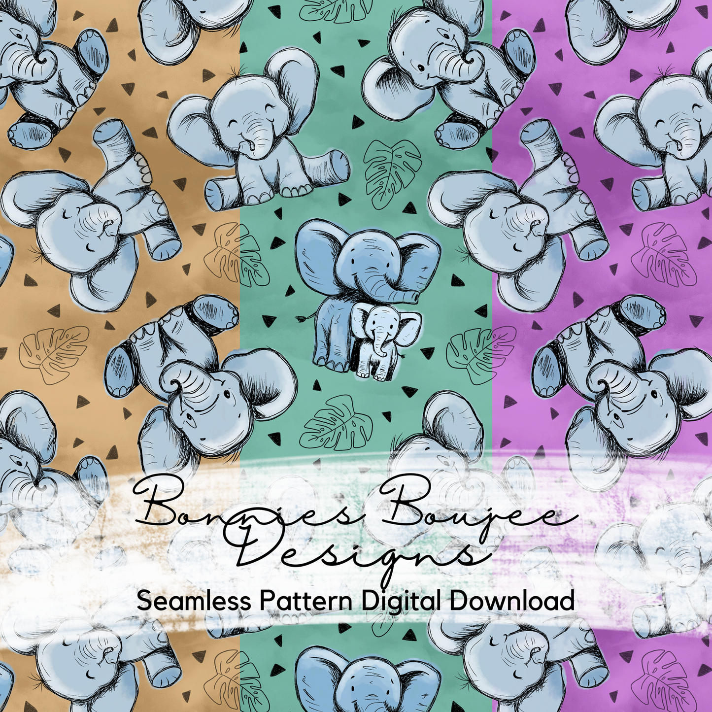 Cute Baby Elephants with Mama Hand Drawn Seamless File - 3 Colorways