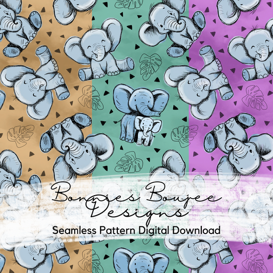 Cute Baby Elephants with Mama Hand Drawn Seamless File - 3 Colorways