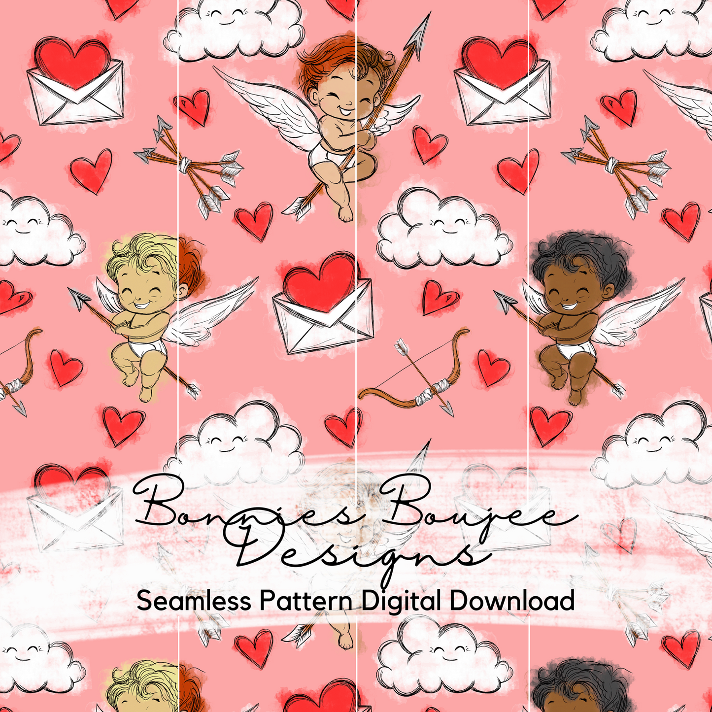 Cute Baby Cupids Hand Drawn Seamless File Pink Colorway - 4 Variations