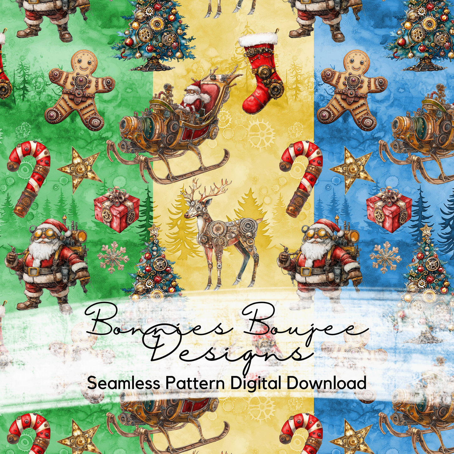 Steampunk Santa and Sleigh Seamless File with Three Colorways