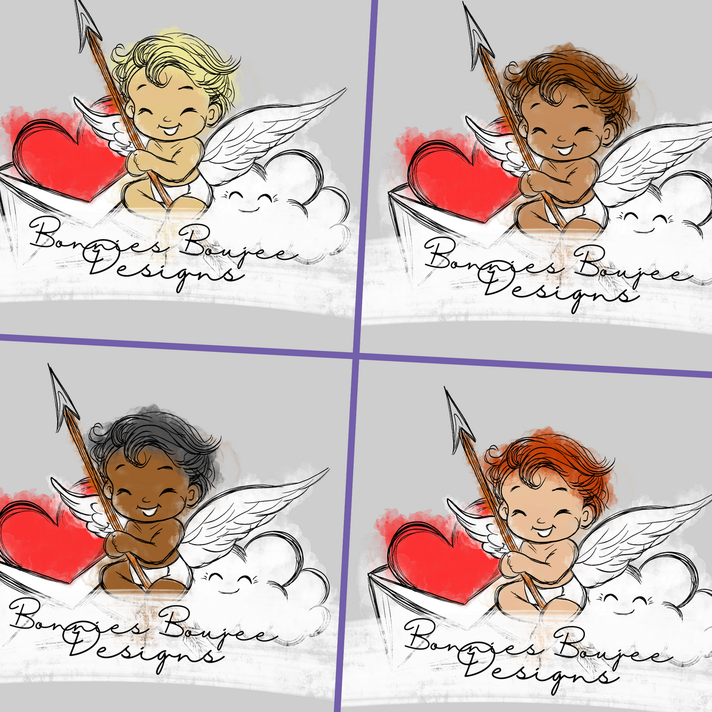 Cute Cupid Valentine's Day Hand Drawn Sublimination PNG Coordinating - Four Colorways