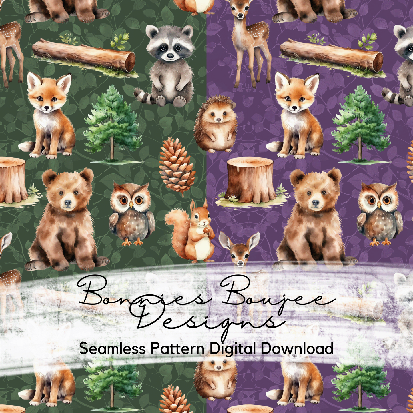 Watercolor Forest Animals with a Bear Seamless files - Two colorways