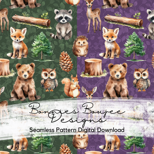 Watercolor Forest Animals with a Bear Seamless files - Two colorways