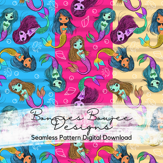 Cute Colorful Mermaids Hand Drawn Seamless File - 3 colorways