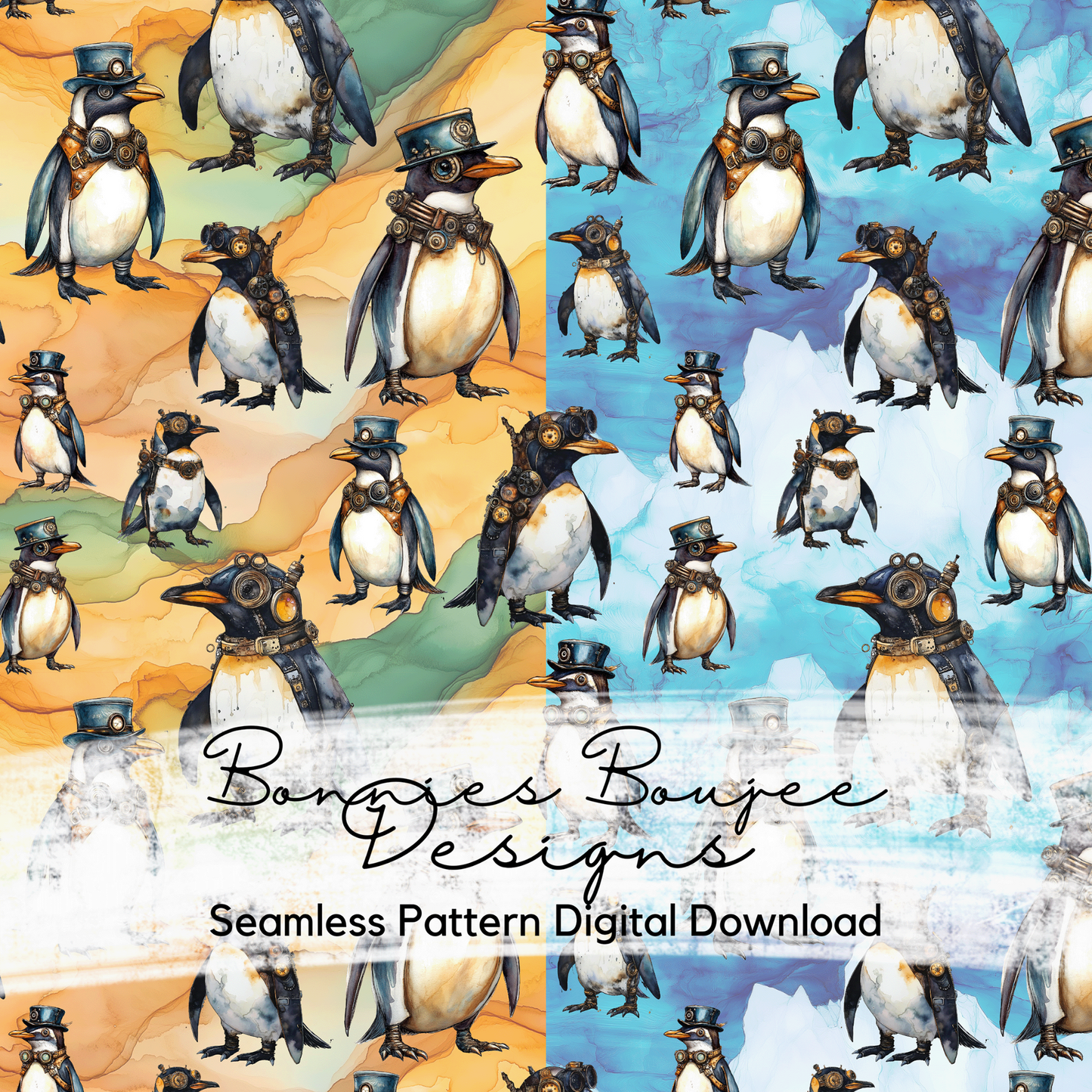 Steampunk Penguin Seamless File with Two Colorways