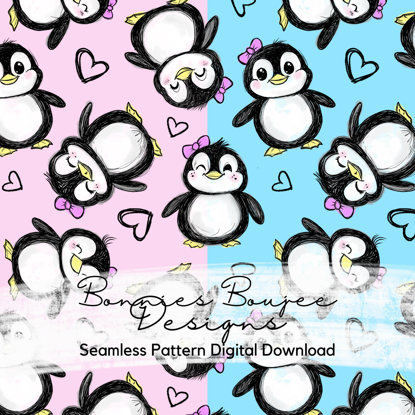 Cute Girly Penguins with Bows Hand Drawn Seamless File - 2 Colorways