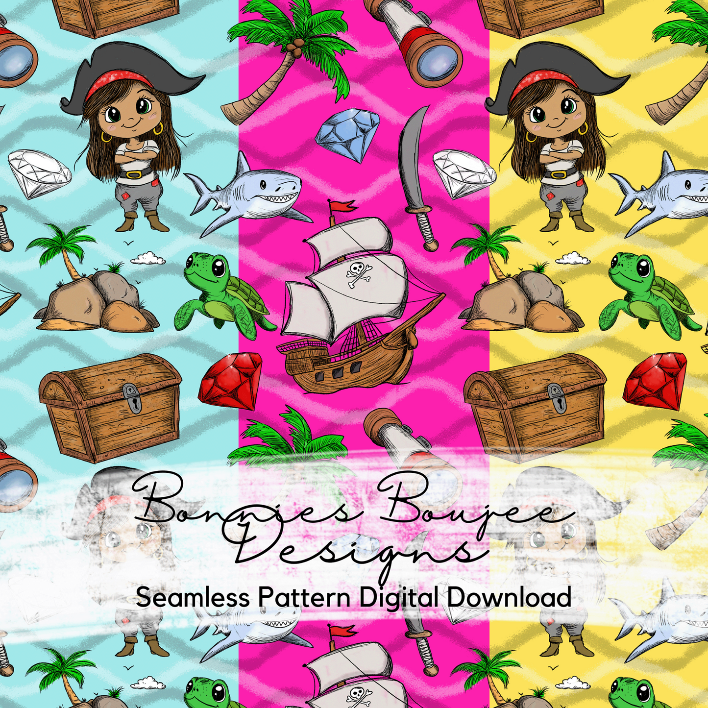 Cute Pirate Life for Girls Hand Drawn Seamless File - 3 colorways