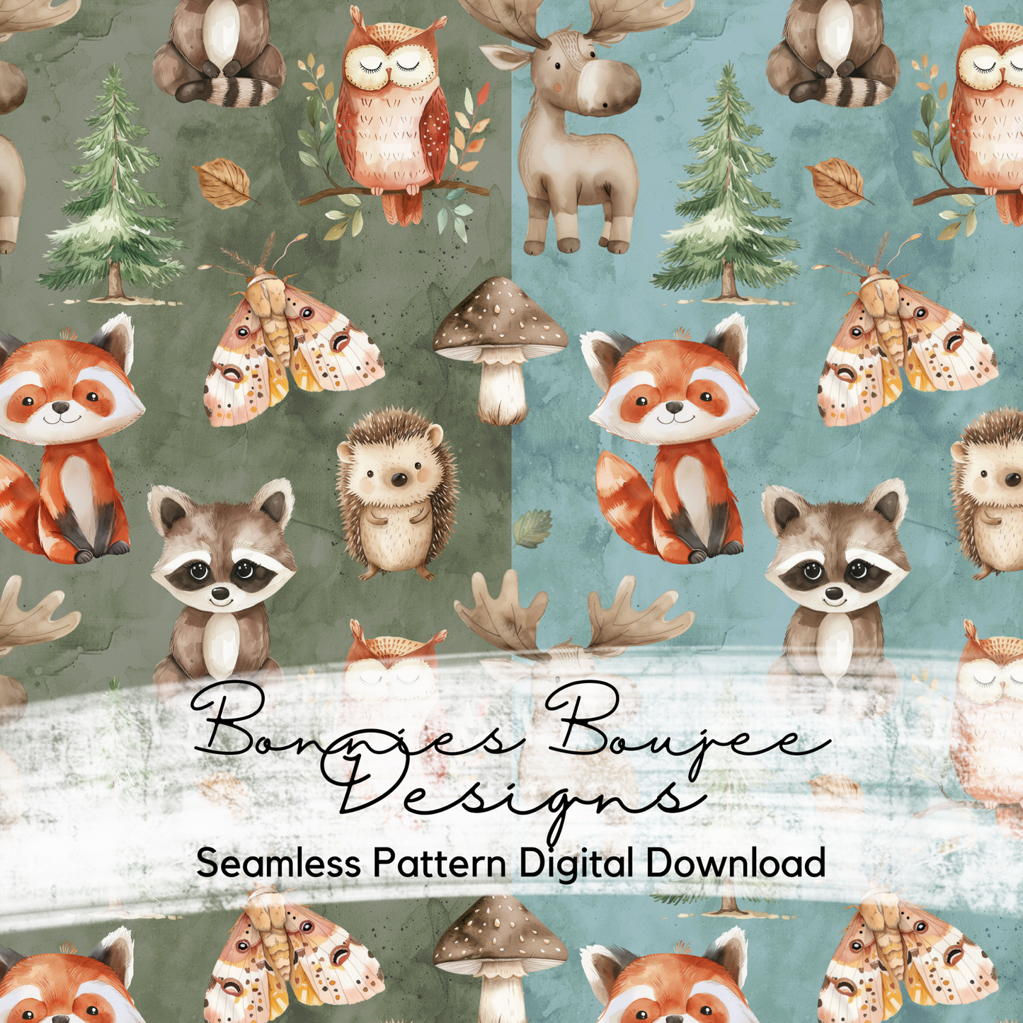 Watercolor Forest Animals with Hedgehog Seamless files - Two Colorway