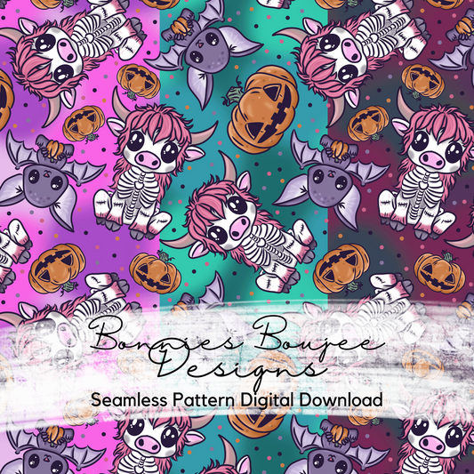 Hand Drawn Highland Cow Halloween Cartoon Seamless File - Multiple Colorways