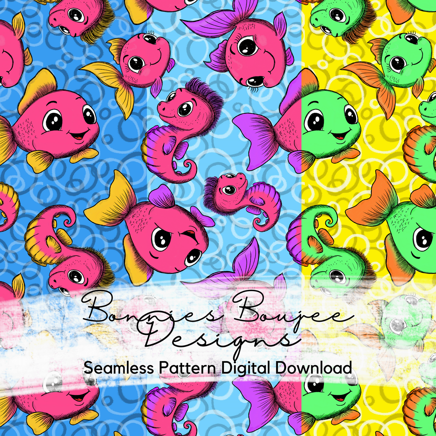 Cute Colorful Fish and Seahorse Hand Drawn Seamless File - Multiple colorways