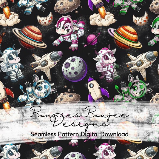 Space Cows with Rockets and Planets Seamless File in Three Colorways